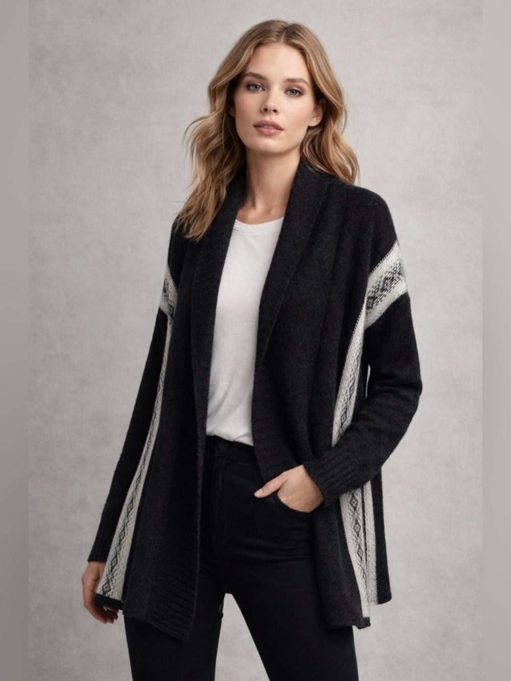 360 Sweater Cardigan Womens Small Cashmere Black Stripe Duster Open Front
